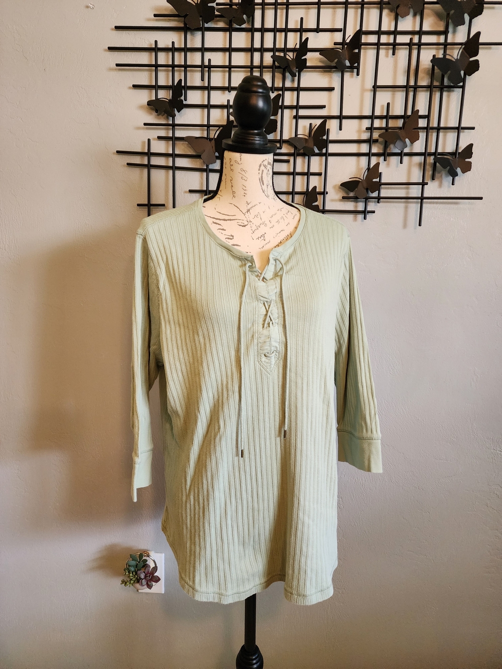 Lauren Ralph Lauren Light Sage Ribbed Lace-Up Henley Top